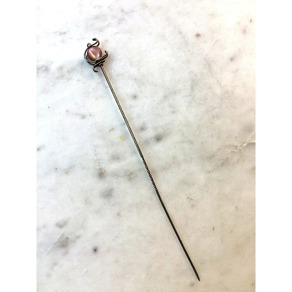 Antique Hat Pin Iridescent Pink Bead Gold Tone Stick Pin Twisted 7